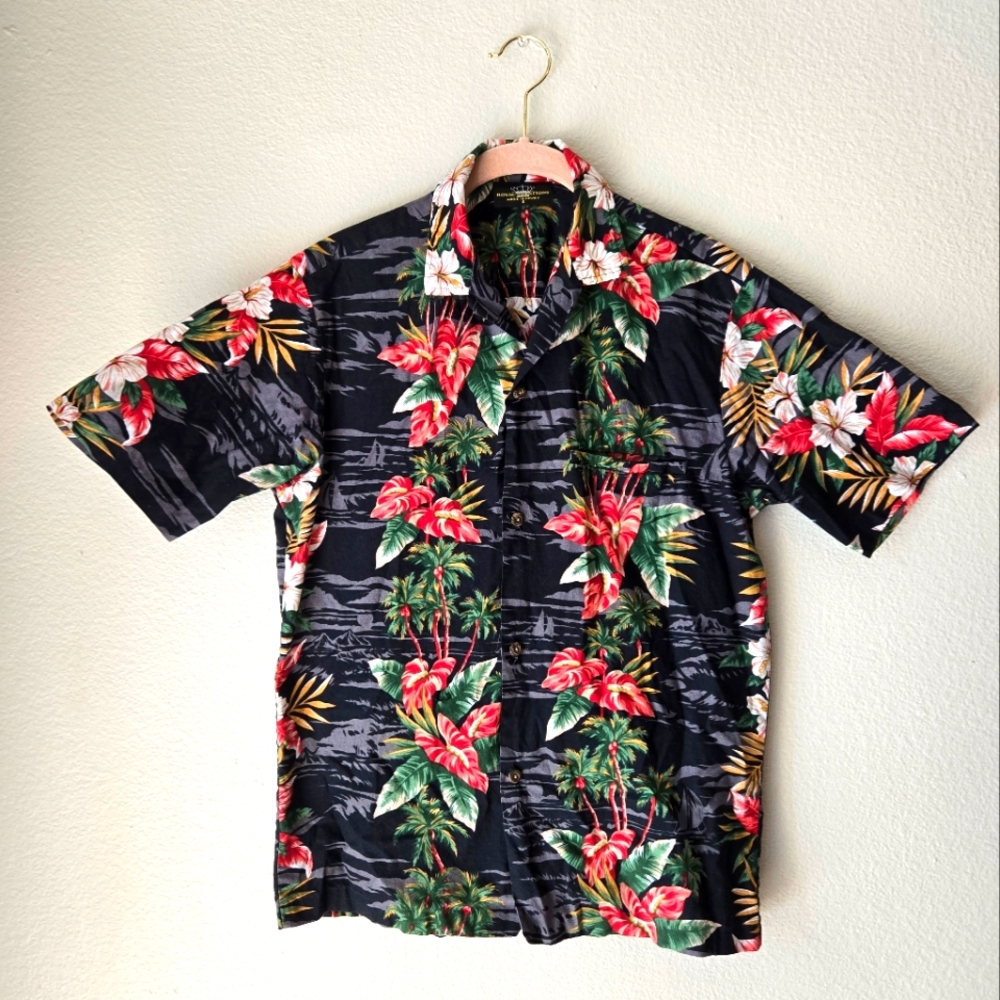 Tropical Black Floral Men's Shirt. Red Green Hawaiian Shirt Collar Short Sleeve